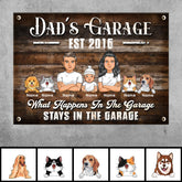 Welcome Metal Garage Sign, Gifts For Pet Lovers, Dad's Garage What Happens In The Garage Stays In Wooden Style